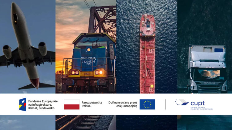 Cztery różne obrazy przedstawiające samolot, pociąg, pociąg i ciężarówkę, ilustrujące modelowanie ruchu przez CUPT w kontekście Funduszy Europejskich